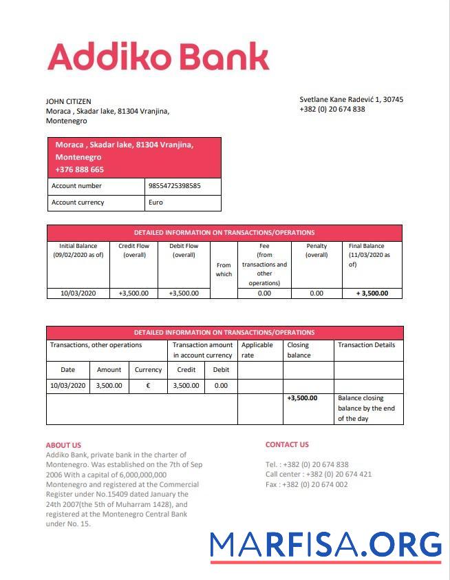 Realistic Montenegro Addiko bank statement word sample